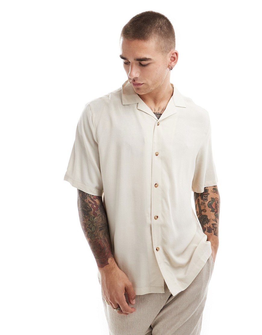 Asos Design Relaxed Fit Viscose Shirt With Revere Collar In Ecru-neutral In White