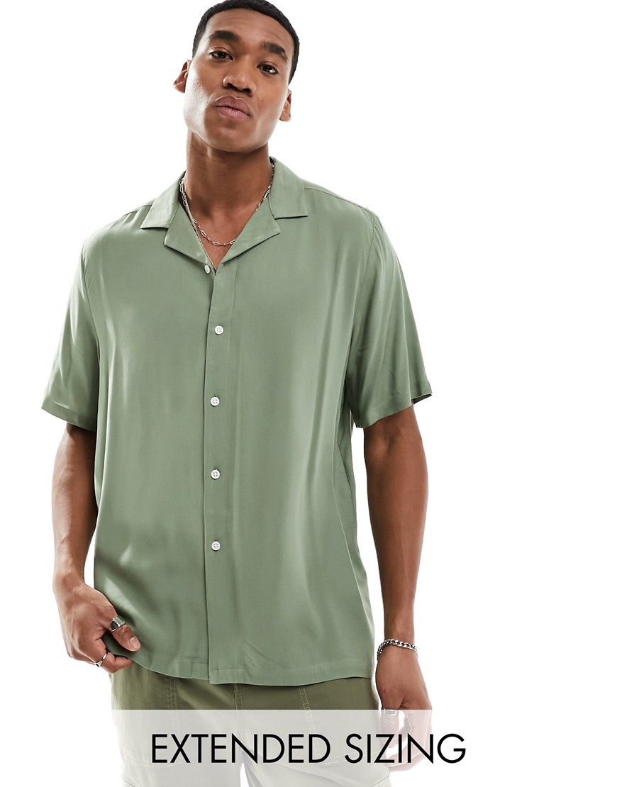 Asos Design Relaxed Fit Viscose Shirt With Revere Collar In Khaki-green