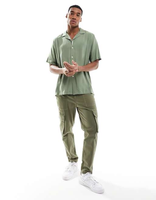 ASOS DESIGN relaxed fit viscose shirt with revere collar in khaki, 2 of 4