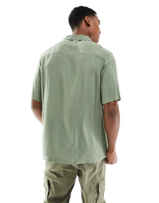 ASOS DESIGN relaxed fit viscose shirt with revere collar in khaki, 3 of 4