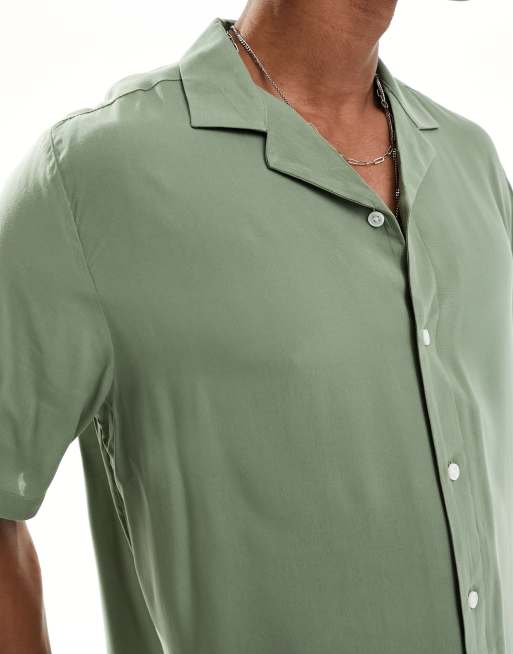 ASOS DESIGN relaxed fit viscose shirt with revere collar in khaki, 4 of 4