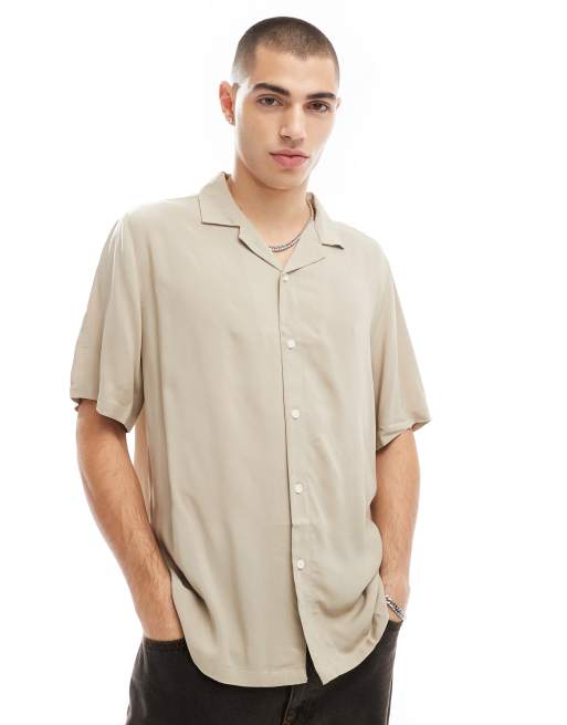 CerbeShops DESIGN relaxed fit viscose shirt with revere collar in stone