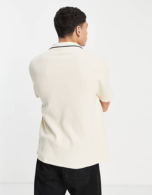 Men relaxed fit waffle jersey shirt with in cream with black tipping 