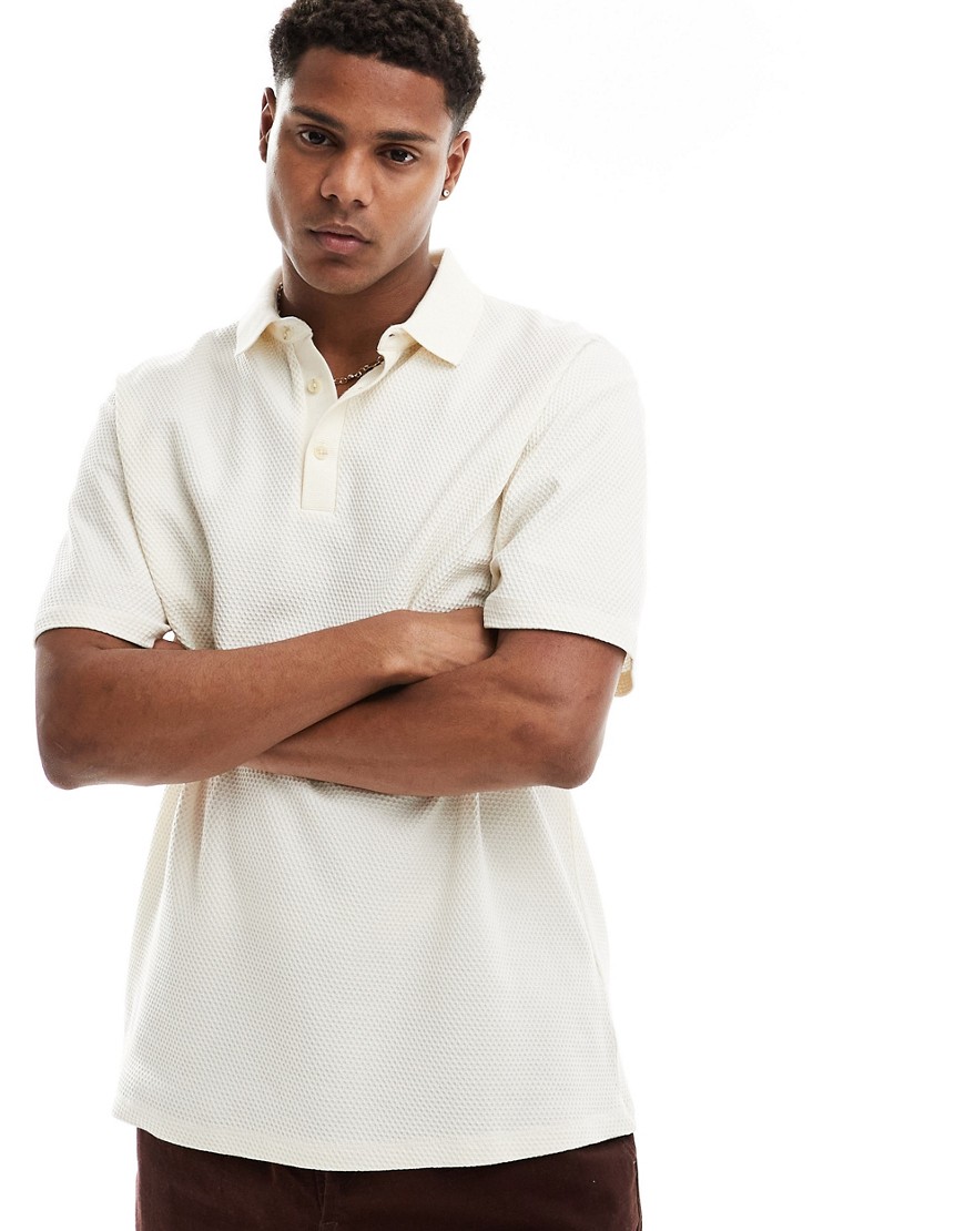 Asos Design Relaxed Fit Waffle Polo Shirt In Beige-neutral In White