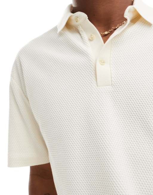 ASOS DESIGN relaxed fit waffle polo shirt in beige