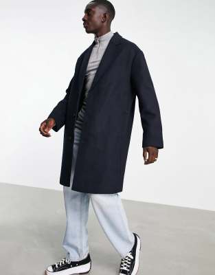 ASOS DESIGN relaxed fit&nbsp;wool mix overcoat in navy  - ASOS Price Checker