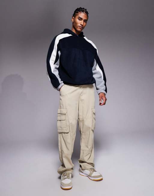 ASOS DESIGN relaxed fleece hoodie with colour block in navy, 2 of 5