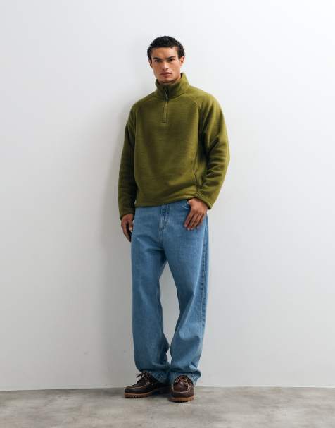 ASOS DESIGN relaxed fleece med kvartslång dragkedja i olivgrönt - view 1