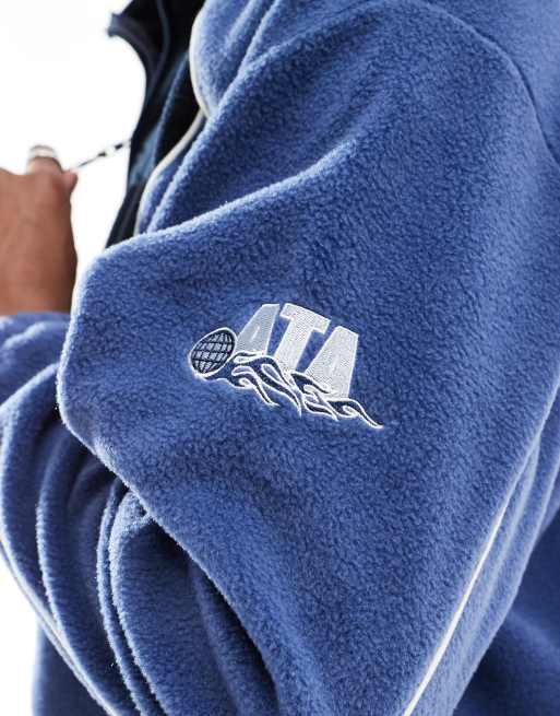 ASOS DESIGN relaxed fleece sweatshirt with funnel neck and quarter zip in blue - MBLUE, 3 of 4