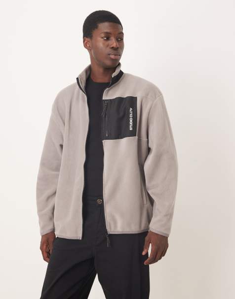 ASOS DESIGN relaxed fleece zip through with nylon pocket in gray - view 1