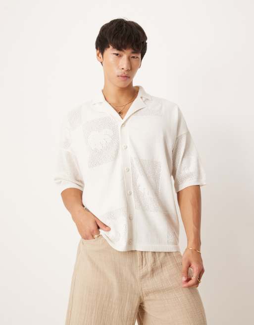 ASOS DESIGN relaxed floral knitted texture button through in cream