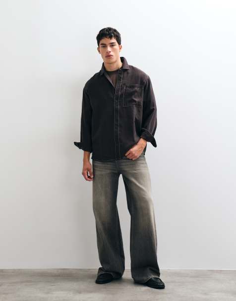 ASOS DESIGN relaxed flowing shirt with constrast stitch in brown - view 1
