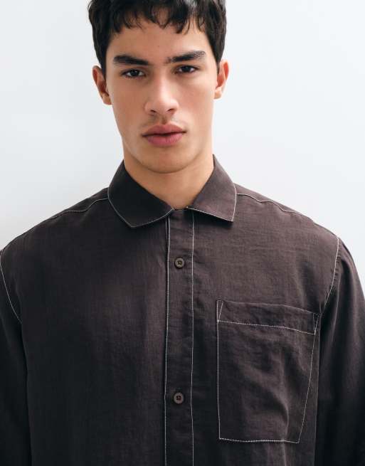 ASOS DESIGN relaxed flowing shirt with constrast stitch in brown, 2 of 5