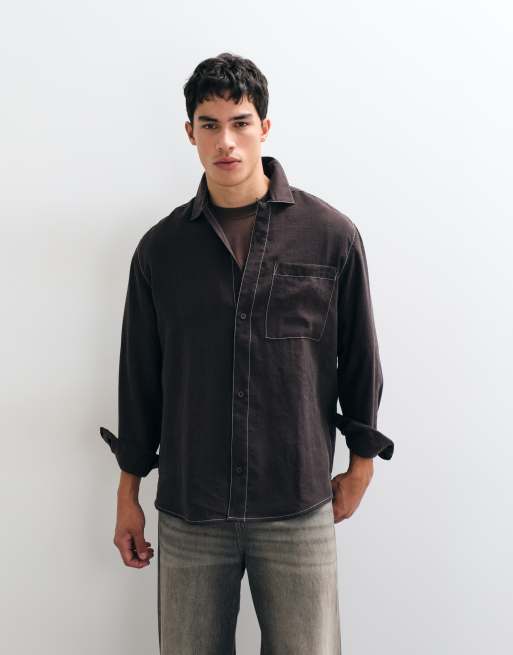 ASOS DESIGN relaxed flowing shirt with constrast stitch in brown, 3 of 5