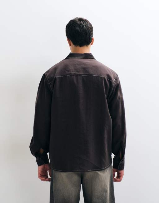 ASOS DESIGN relaxed flowing shirt with constrast stitch in brown, 4 of 5