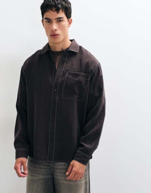 ASOS DESIGN relaxed flowing shirt with constrast stitch in brown, 5 of 5