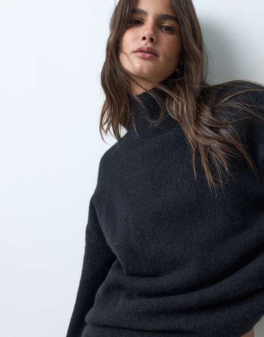 ASOS DESIGN relaxed fluffy funnel neck jumper with wool in black, 2 of 4