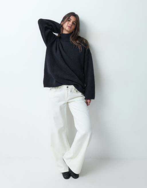 ASOS DESIGN relaxed fluffy funnel neck jumper with wool in black, 3 of 4