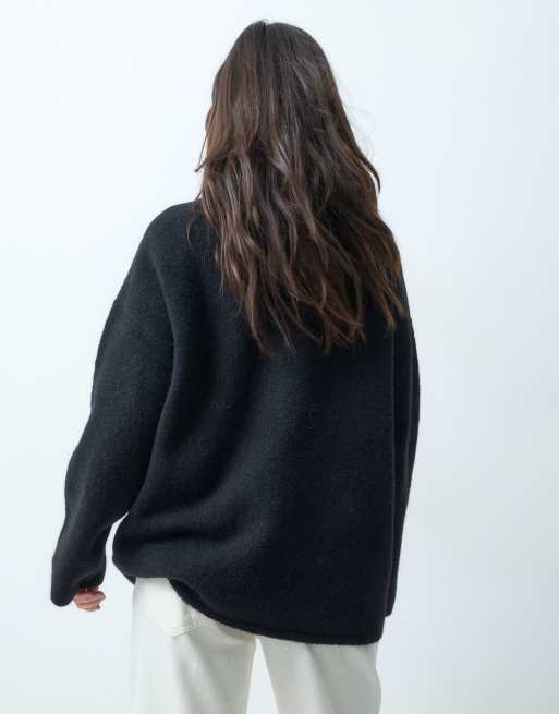 ASOS DESIGN relaxed fluffy funnel neck jumper with wool in black, 4 of 4