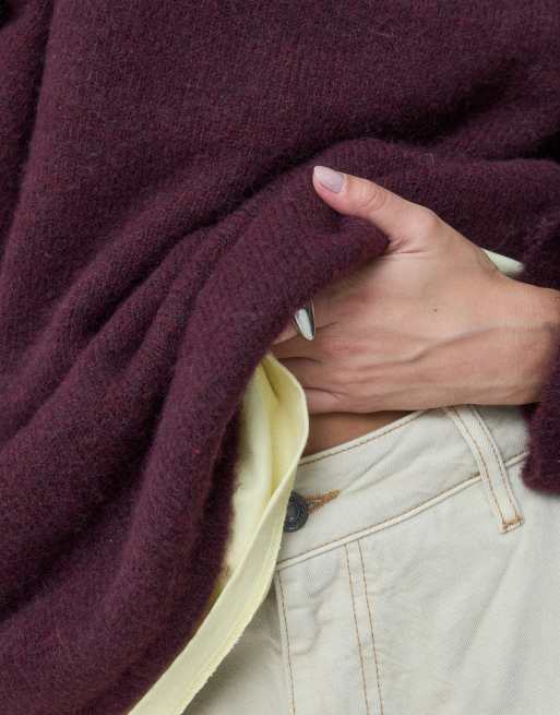 ASOS DESIGN relaxed fluffy funnel neck jumper with wool in burgundy, 3 of 4