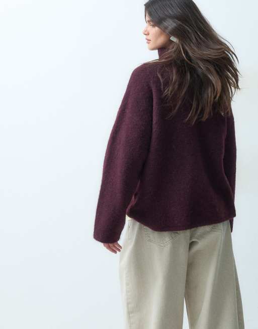 ASOS DESIGN relaxed fluffy funnel neck jumper with wool in burgundy, 4 of 4