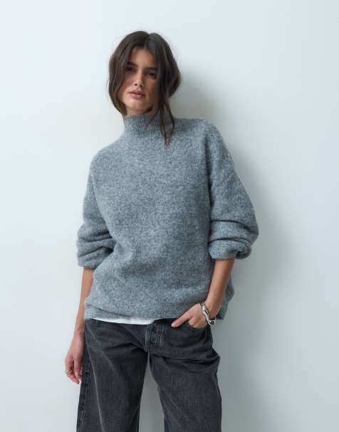 ASOS DESIGN relaxed fluffy funnel neck jumper with wool in grey - view 1