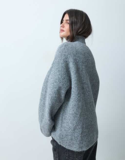 ASOS DESIGN relaxed fluffy funnel neck jumper with wool in grey, 3 of 4