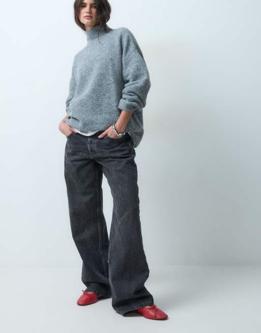 ASOS DESIGN relaxed fluffy funnel neck jumper with wool in grey, 4 of 4
