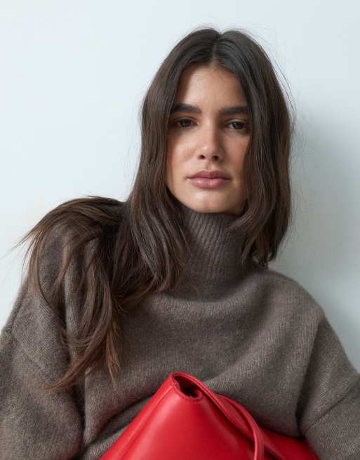 ASOS DESIGN relaxed fluffy funnel neck jumper with wool in mocha, 2 of 4