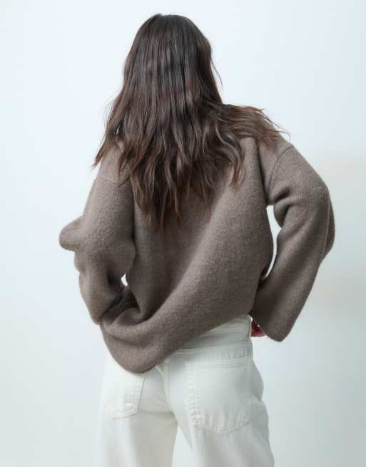 ASOS DESIGN relaxed fluffy funnel neck sweater with wool in mocha, 4 of 4