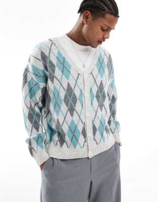 relaxed fluffy knit cardigan with argyle pattern in light blue