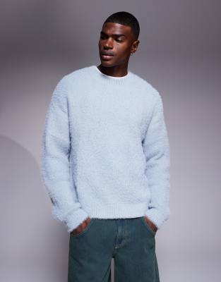 Asos Design Relaxed Fluffy Knit Crew Neck Sweater In Blue
