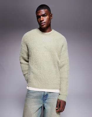 Asos Design Relaxed Fluffy Knit Crew Neck Sweater In Neutral