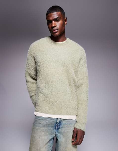 ASOS DESIGN relaxed fluffy knit crew neck sweater in sage - view 1