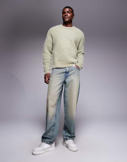 ASOS DESIGN relaxed fluffy knit crew neck sweater in sage