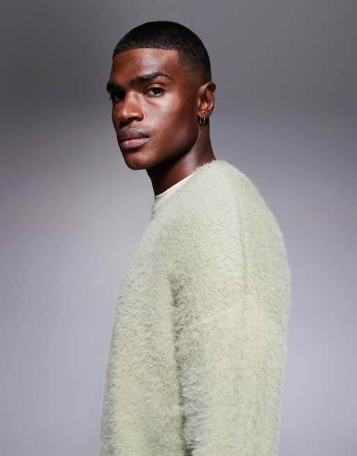 ASOS DESIGN relaxed fluffy knit crew neck sweater in sage
