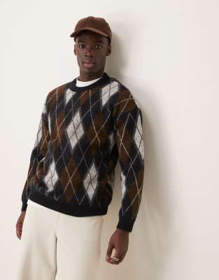 Asos Design Relaxed Fluffy Knit Crew Neck Sweater With Argyle Pattern In Gray