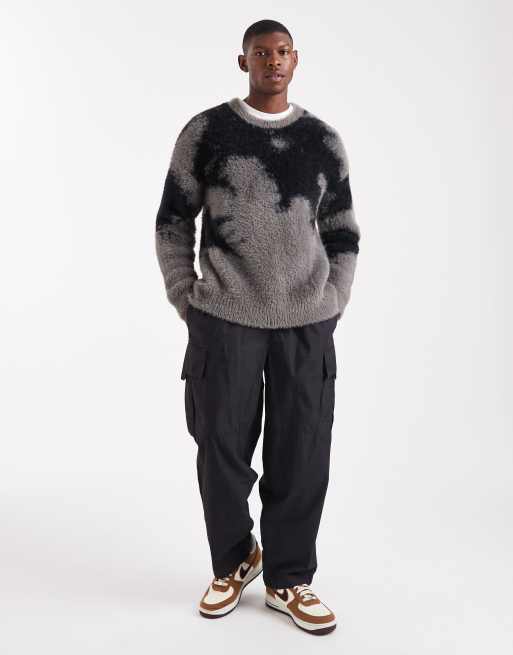 ASOS DESIGN relaxed fluffy knit sweater in black and gray abstract print
