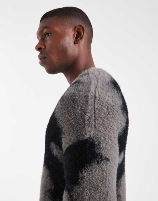 ASOS DESIGN relaxed fluffy knit sweater in black and gray abstract