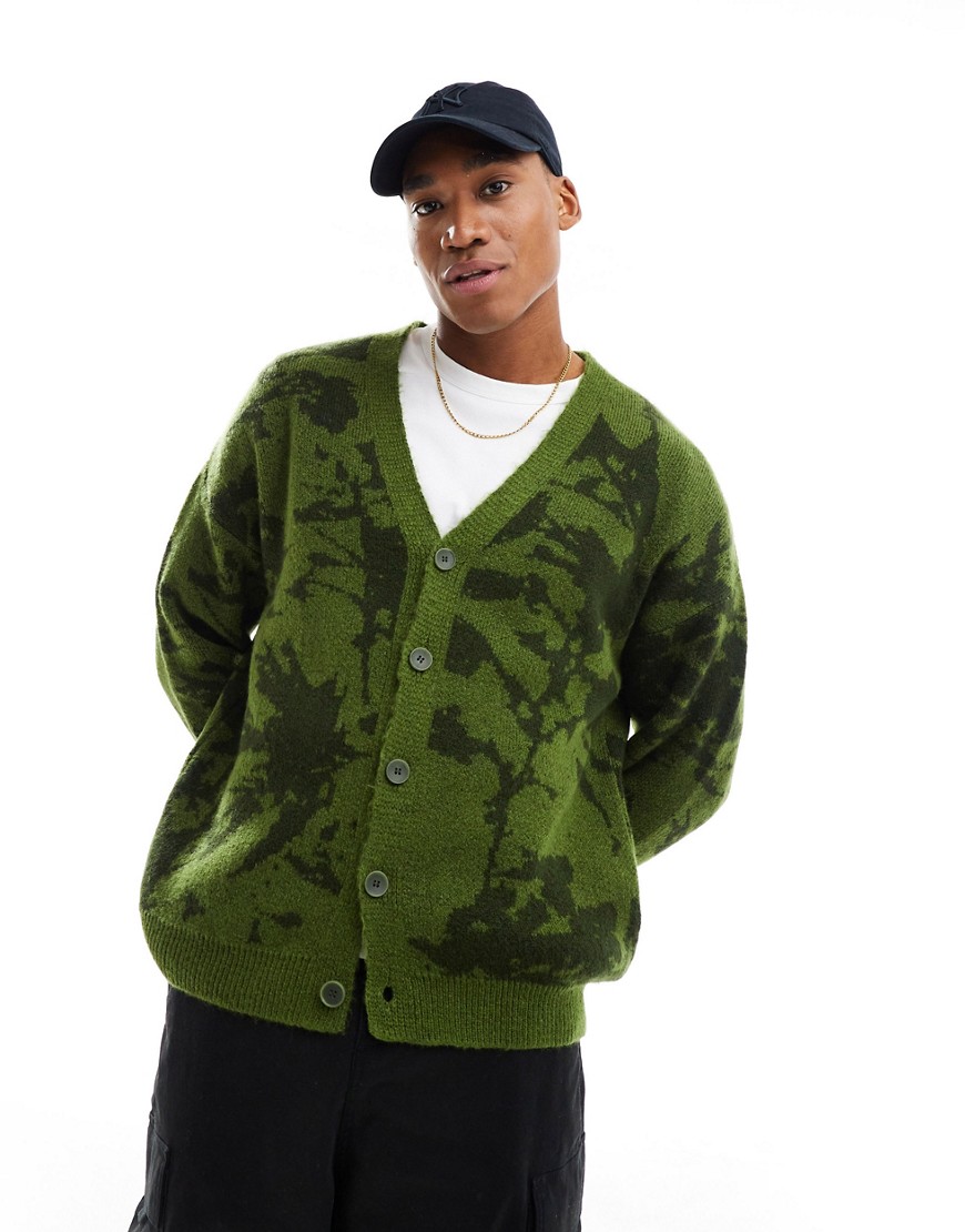 ASOS DESIGN relaxed fluffy knitted cardigan in green tie dye pattern
