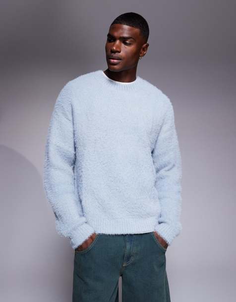 ASOS DESIGN relaxed fluffy knitted crew neck jumper in blue - view 1