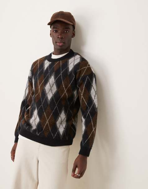 ASOS DESIGN relaxed fluffy knitted crew neck jumper with argyle pattern in grey - view 1