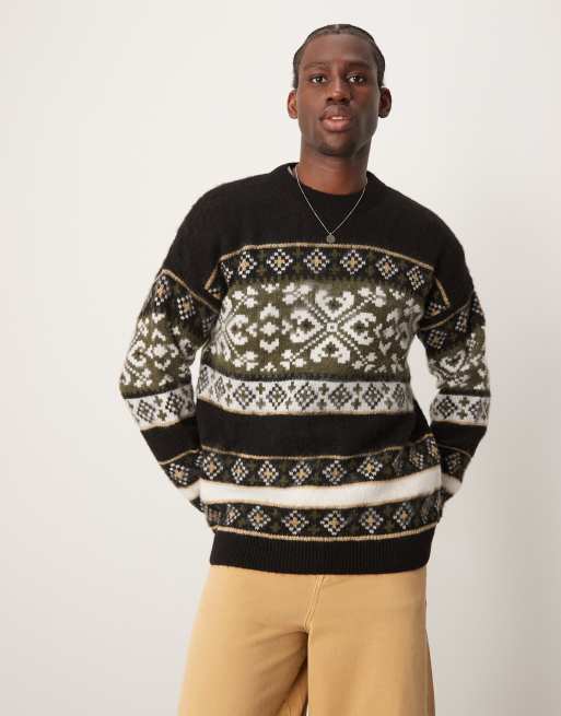 ASOS DESIGN relaxed fluffy knitted crew neck jumper with fairisle pattern in black ASOS