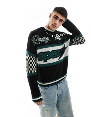 ASOS DESIGN relaxed fluffy knitted jumper in black racing pattern