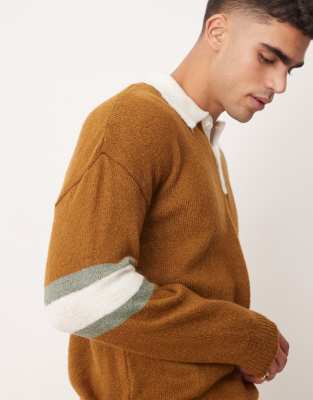 relaxed fluffy knitted rugby polo with sleeve panel in tan-Brown