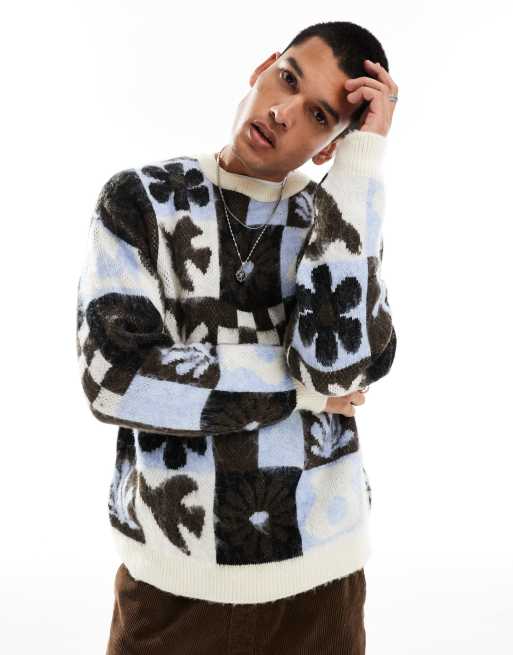 ASOS DESIGN relaxed fluffy sweater with all over print in blue