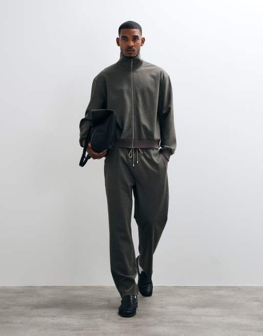 ASOS DESIGN relaxed funnel neck cotton look twill zip through sweatshirt in grey, 2 of 5