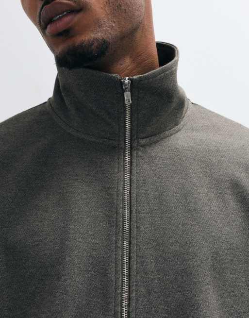 ASOS DESIGN relaxed funnel neck cotton look twill zip through sweatshirt in grey, 3 of 5