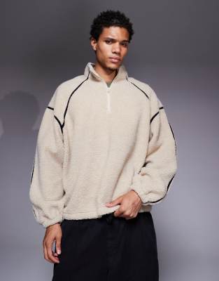 ASOS DESIGN ASOS DESIGN relaxed funnel neck fleece sweatshirt with binding in beige-Neutral