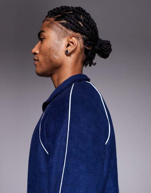 ASOS DESIGN relaxed funnel neck fleece sweatshirt with piping in blue, 4 of 5